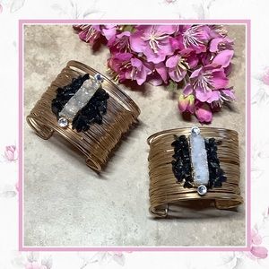 🌸 2PC BRACELET GOLD SET DRUZY BLING ONYX BUNDLE CUFF BOHEMIAN DIAMOND BOHO CHIC